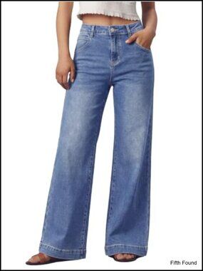 High Waisted Wide Leg Stretch Denim Jeans Pull On Comfort